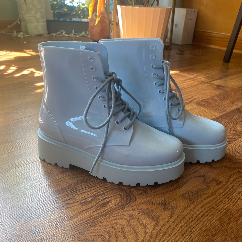 Light blue rubber combat boots